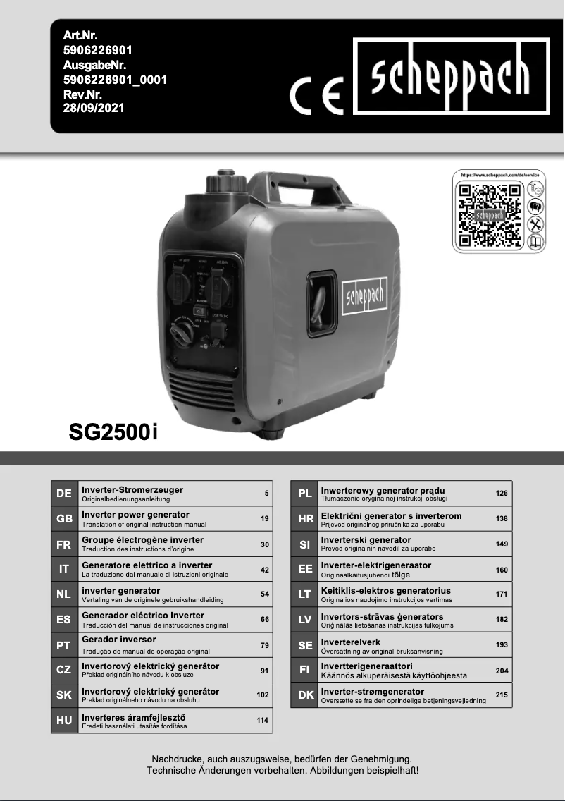 Page 1 de la notice Manuel utilisateur Scheppach SG2500I