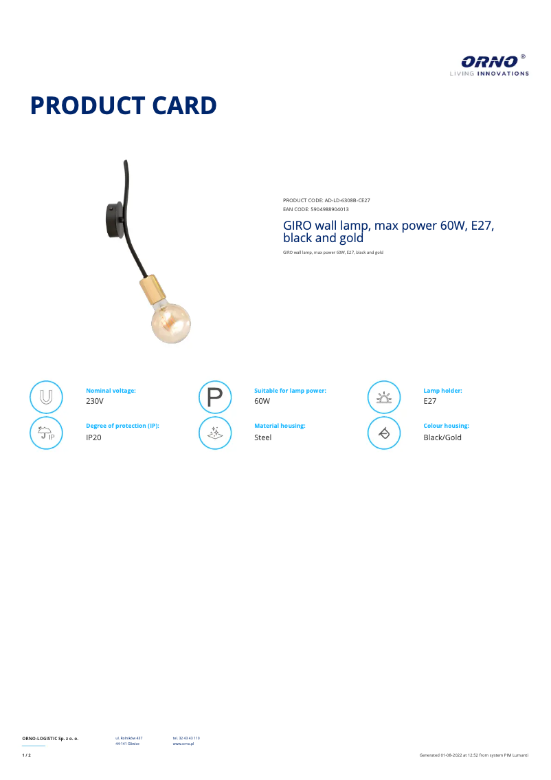 Page 1 de la notice Fiche technique Adviti AD-LD-6308B-CE27
