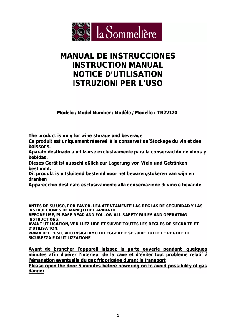 Page 1 de la notice Manuel utilisateur La Sommelière TR2V120