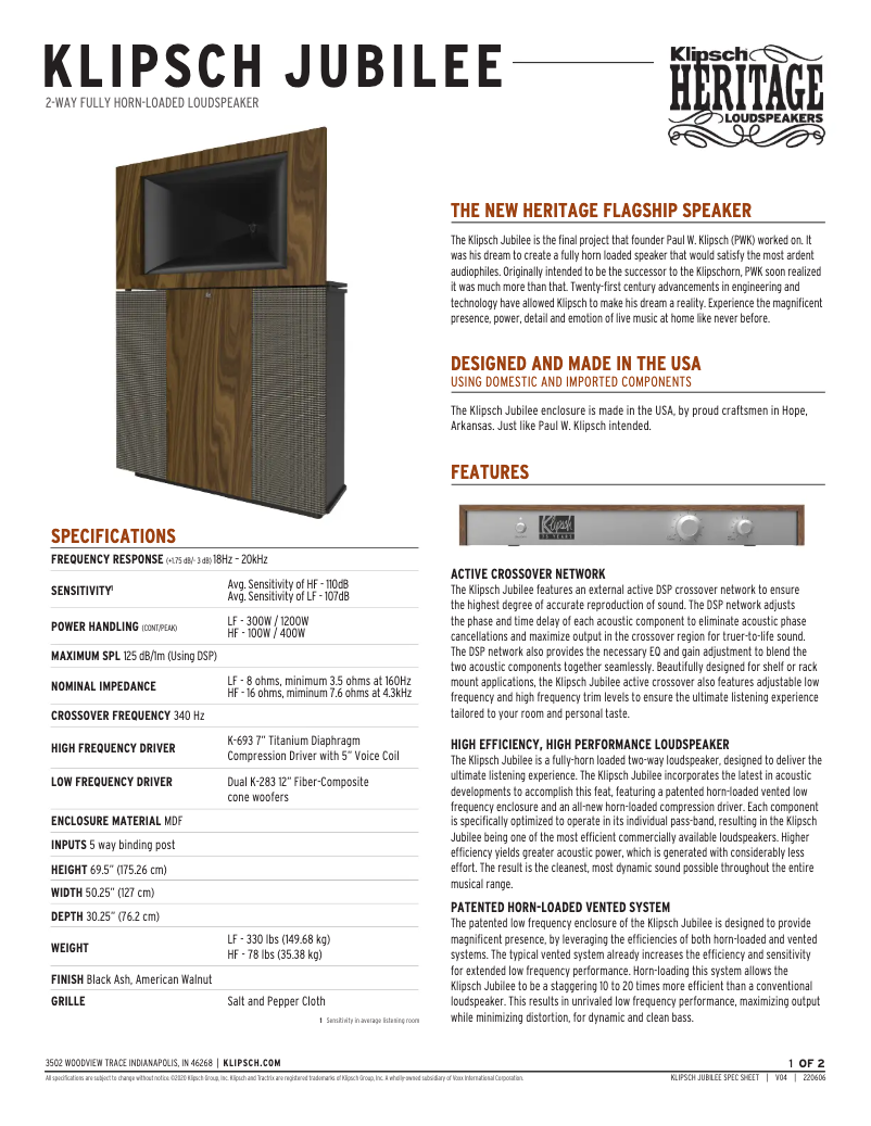 Page 1 de la notice Fiche technique Klipsch Jubilee
