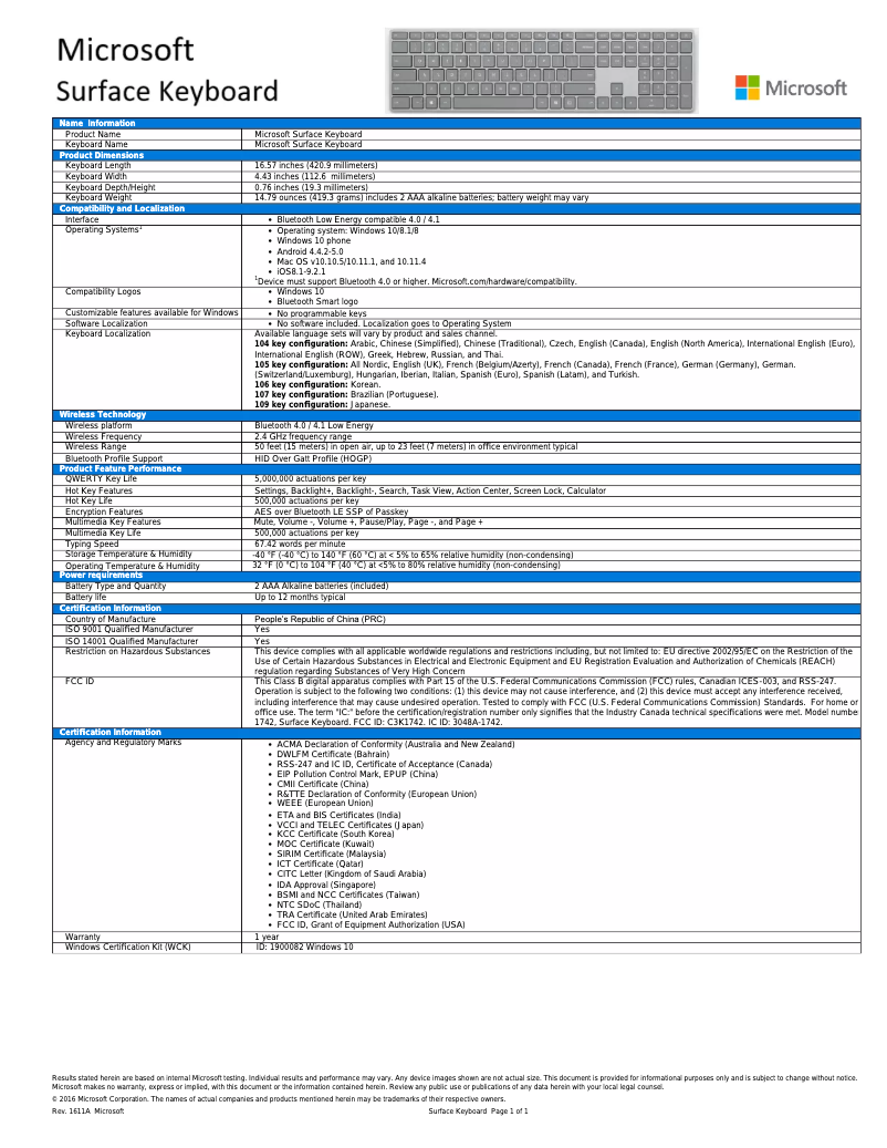 Page 1 de la notice Manuel utilisateur Microsoft Surface Keyboard