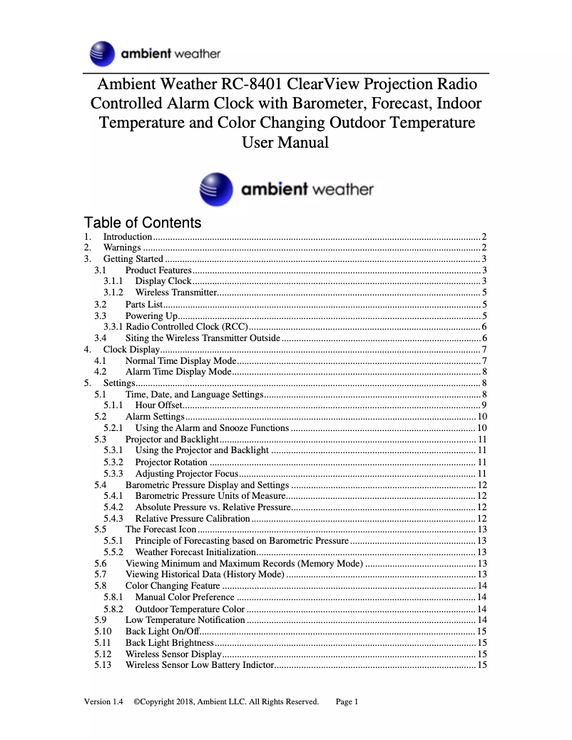 Page 1 de la notice Manuel utilisateur Ambient Weather RC-8401