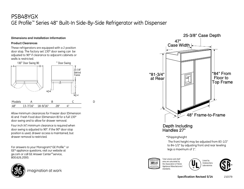 Page 1 of the manual Technical Sheet GE PSB48YGXSV