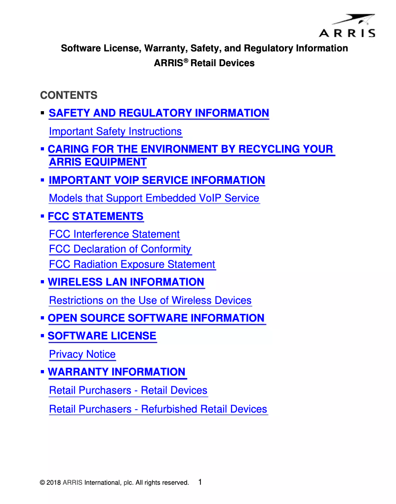 Page 1 de la notice Informations de garantie Arris Touchstone WR2100