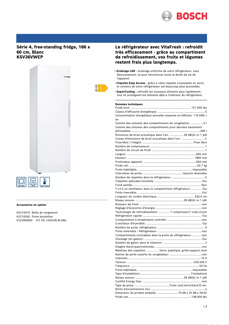 Page n°1 - Fiche technique Bosch KSV36VWEP
