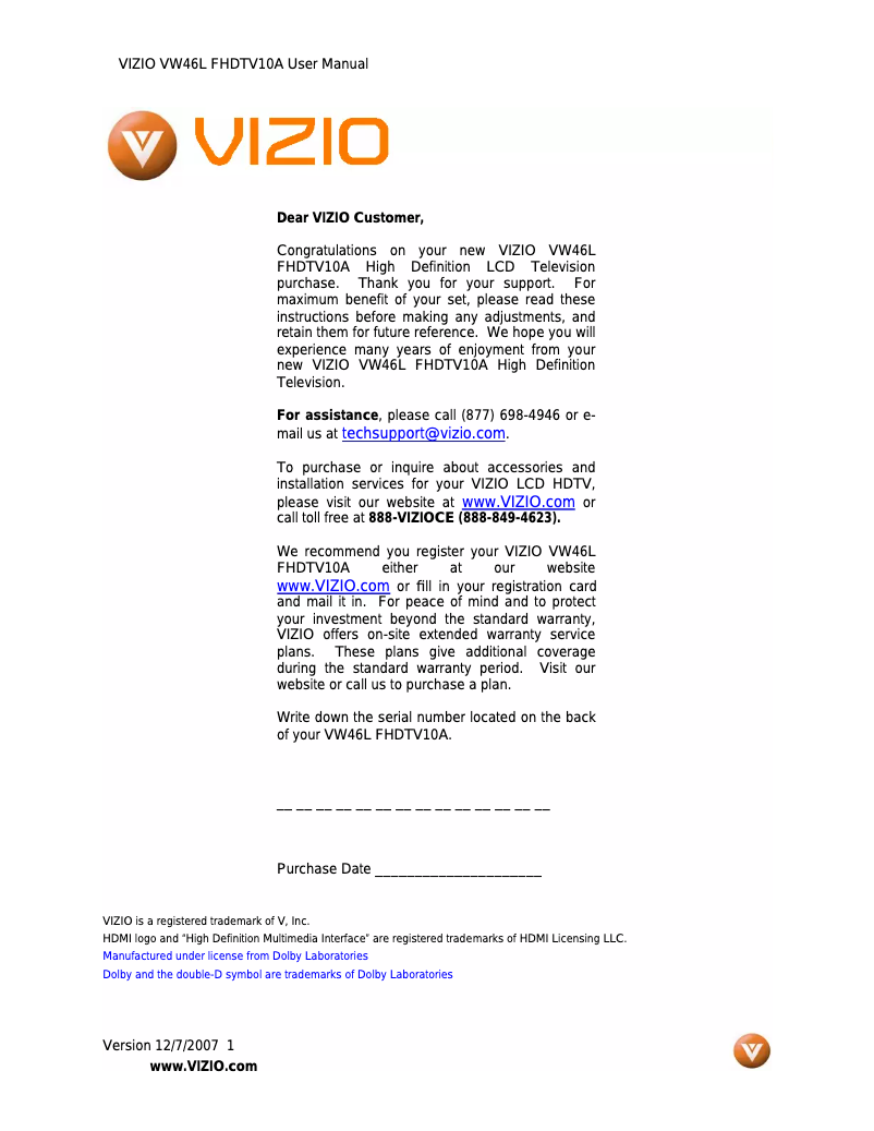 Page n°1 - Manuel utilisateur VIZIO VW46L