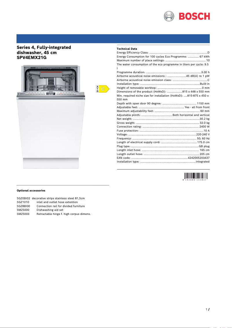 Página 1 del manual Ficha técnica Bosch SPV4EMX21G