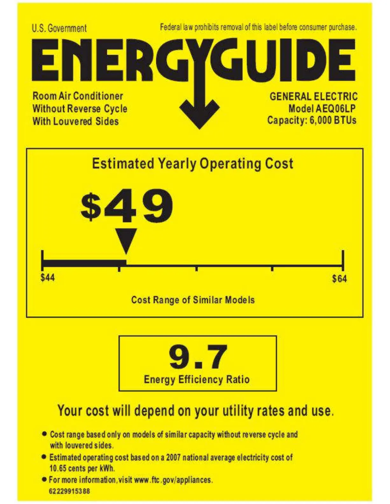 Page 1 de la notice Label énergétique GE AEQ06LP