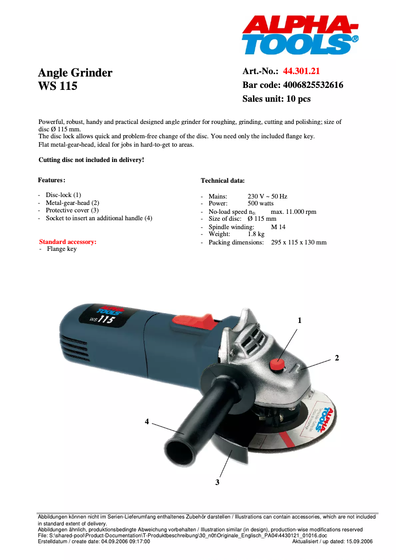 Page 1 de la notice Fiche technique Alpha Tools WS 115