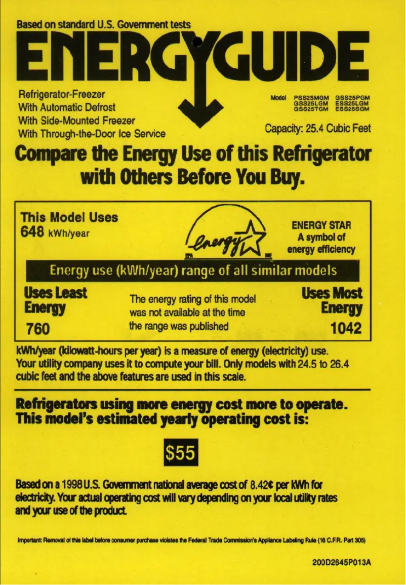 Page 1 de la notice Label énergétique GE PSS25MGMWW