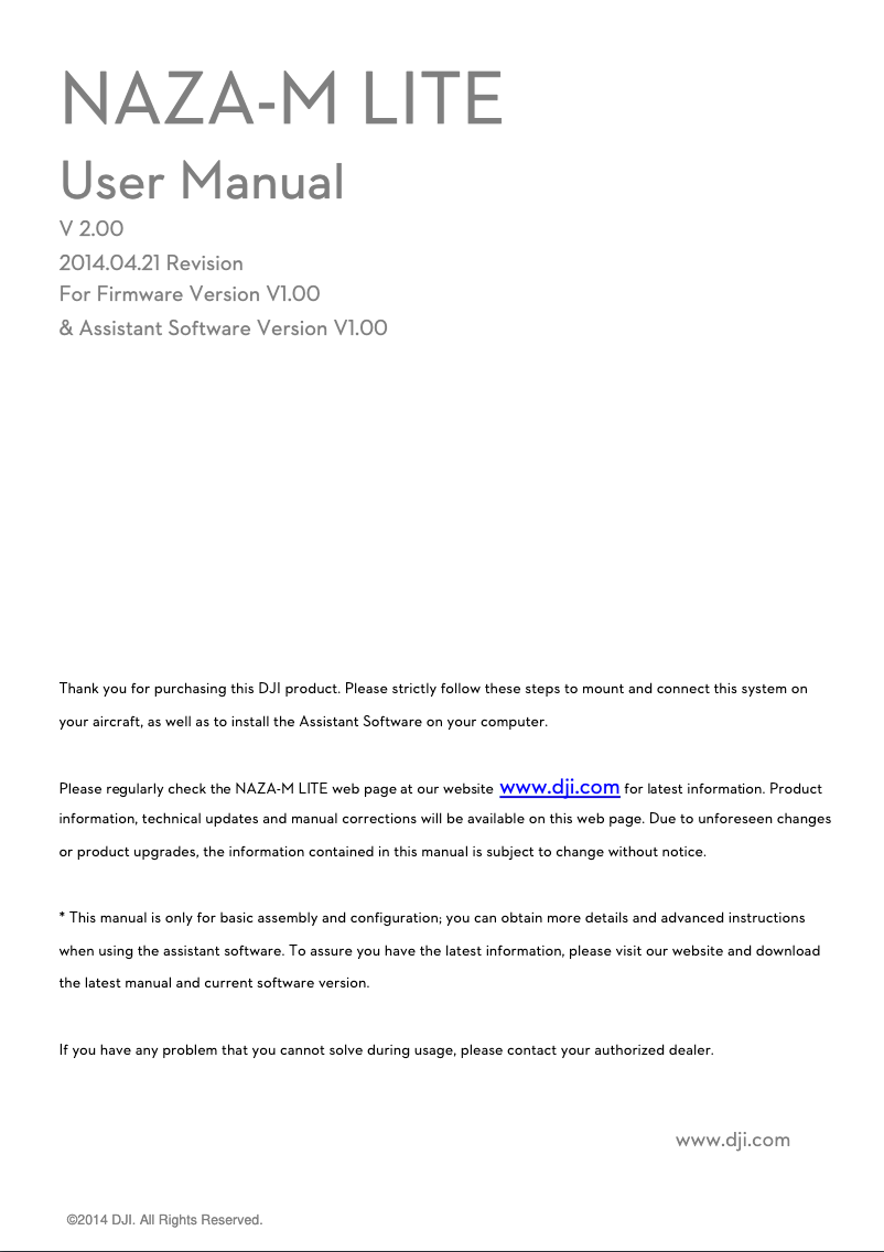 Page n°1 - Manuel utilisateur DJI NAZA-M LITE