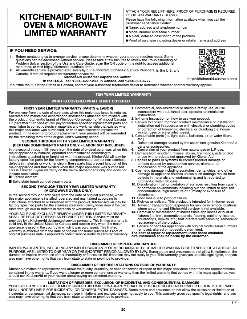 Page 1 de la notice Informations de garantie KitchenAid KODE507ESS