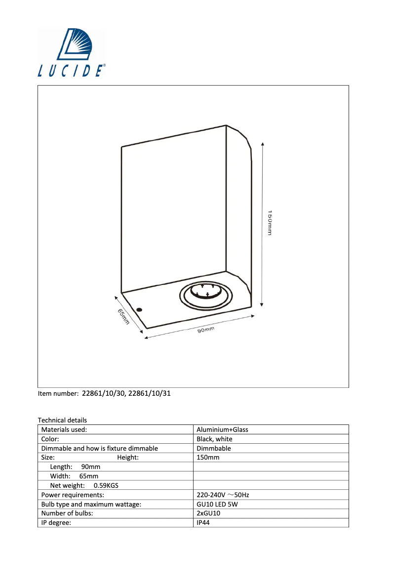Page 1 de la notice Manuel utilisateur Lucide Zora 22861/10/31
