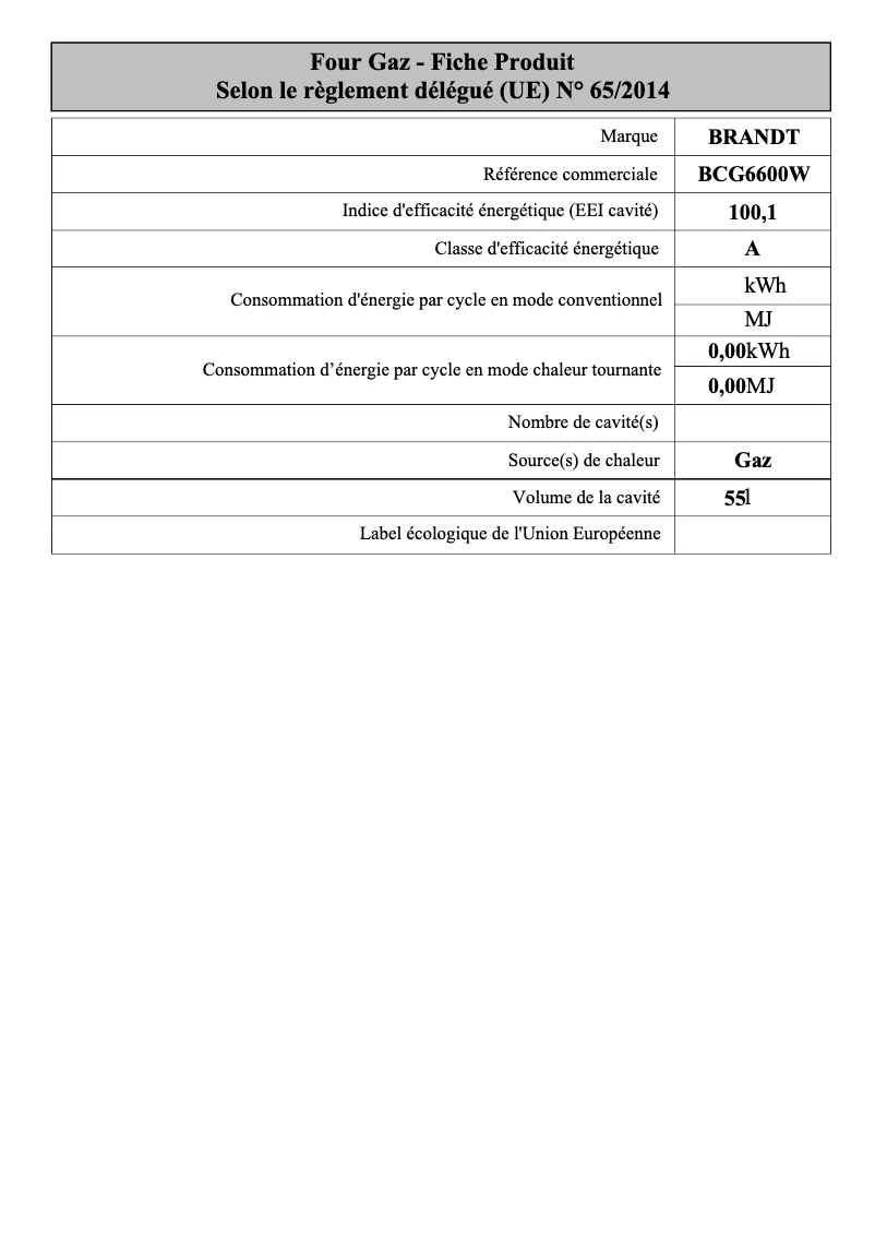Page 1 de la notice Manuel utilisateur Brandt BCG6600W