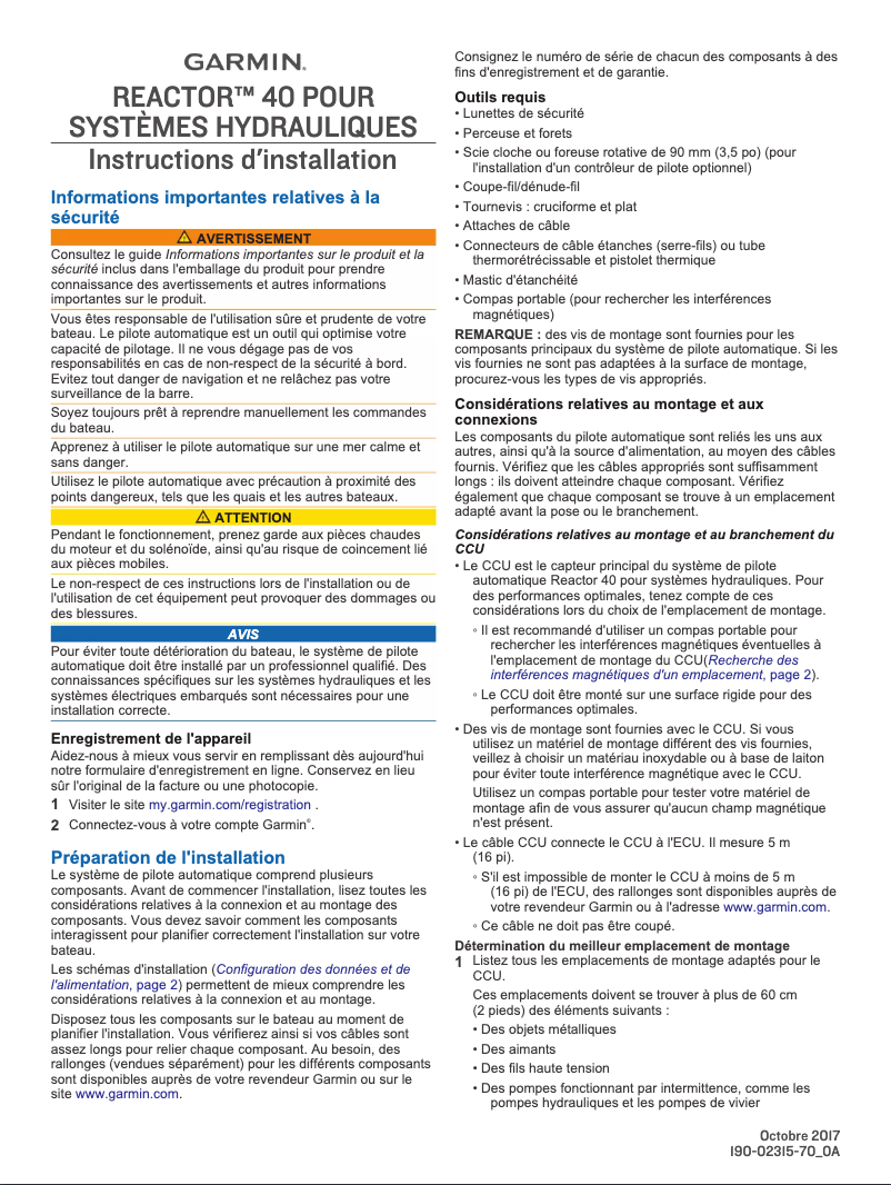 Page 1 de la notice Guide d'installation Garmin Reactor 40 Hydraulic