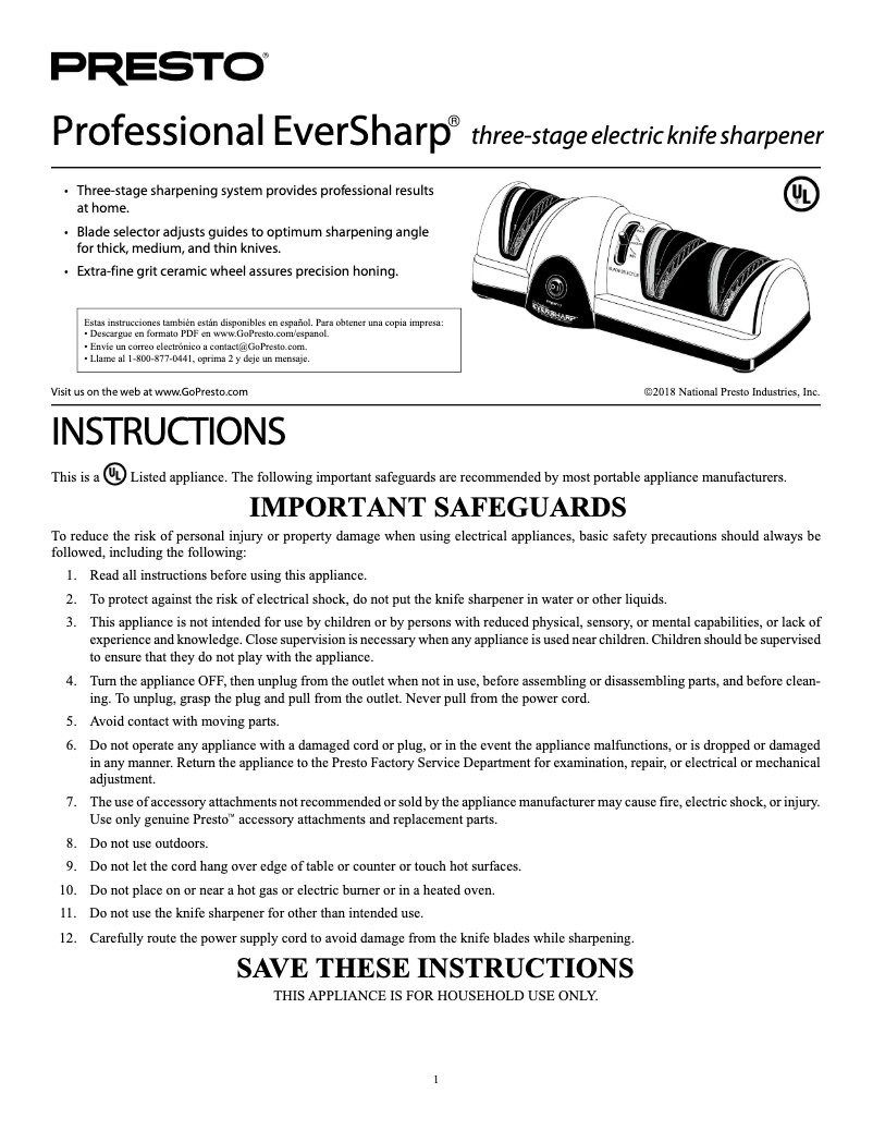 Page 1 de la notice Manuel utilisateur Presto EverSharp Profesional 08810