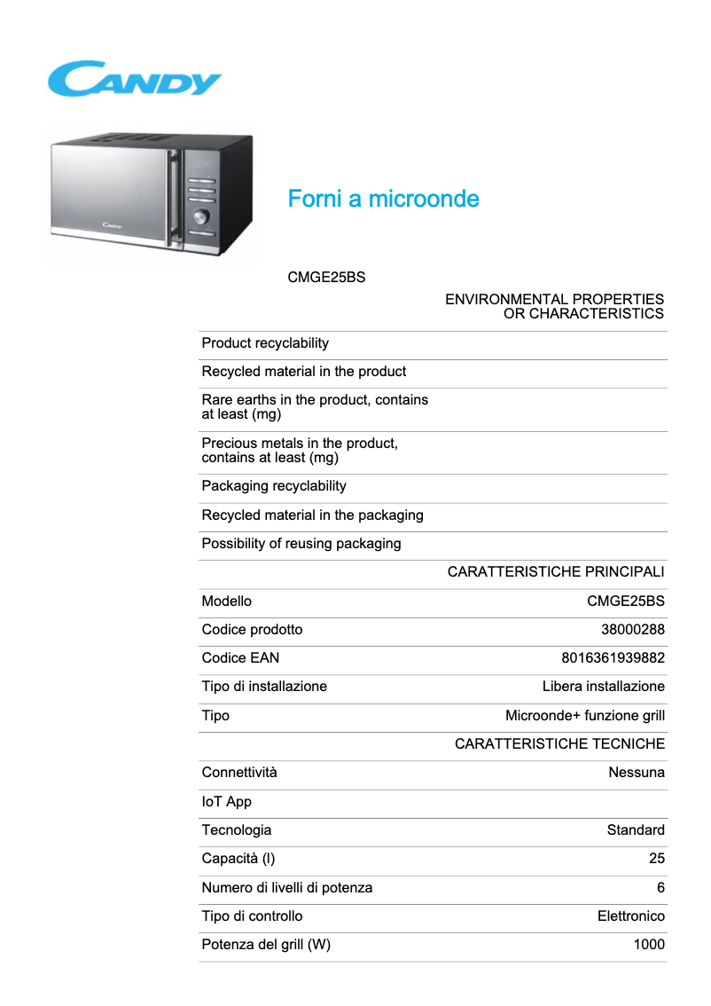 Page n°1 - Manuel utilisateur Candy CMGE25BS