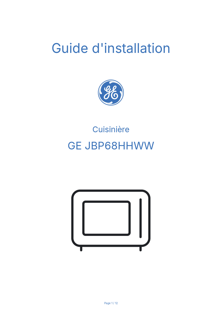 Page n°1 - Guide d'installation GE JBP68HHWW