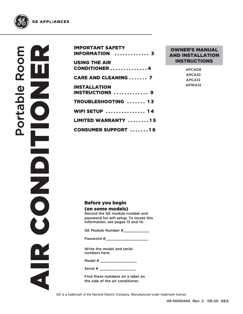 Page n°1 - Guide d'installation GE APCA12YZMW