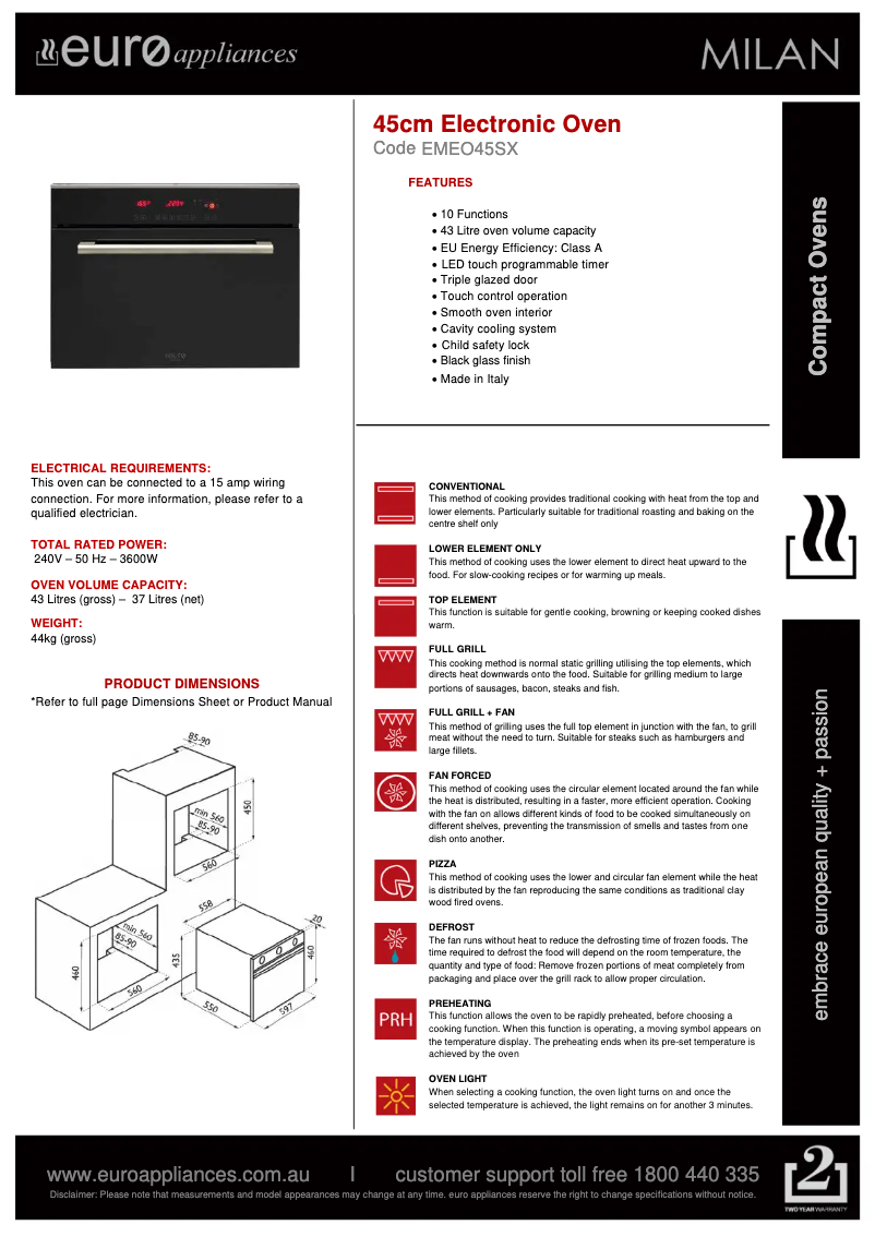 Page n°1 - Fiche technique Euro Appliances EMEO45SX