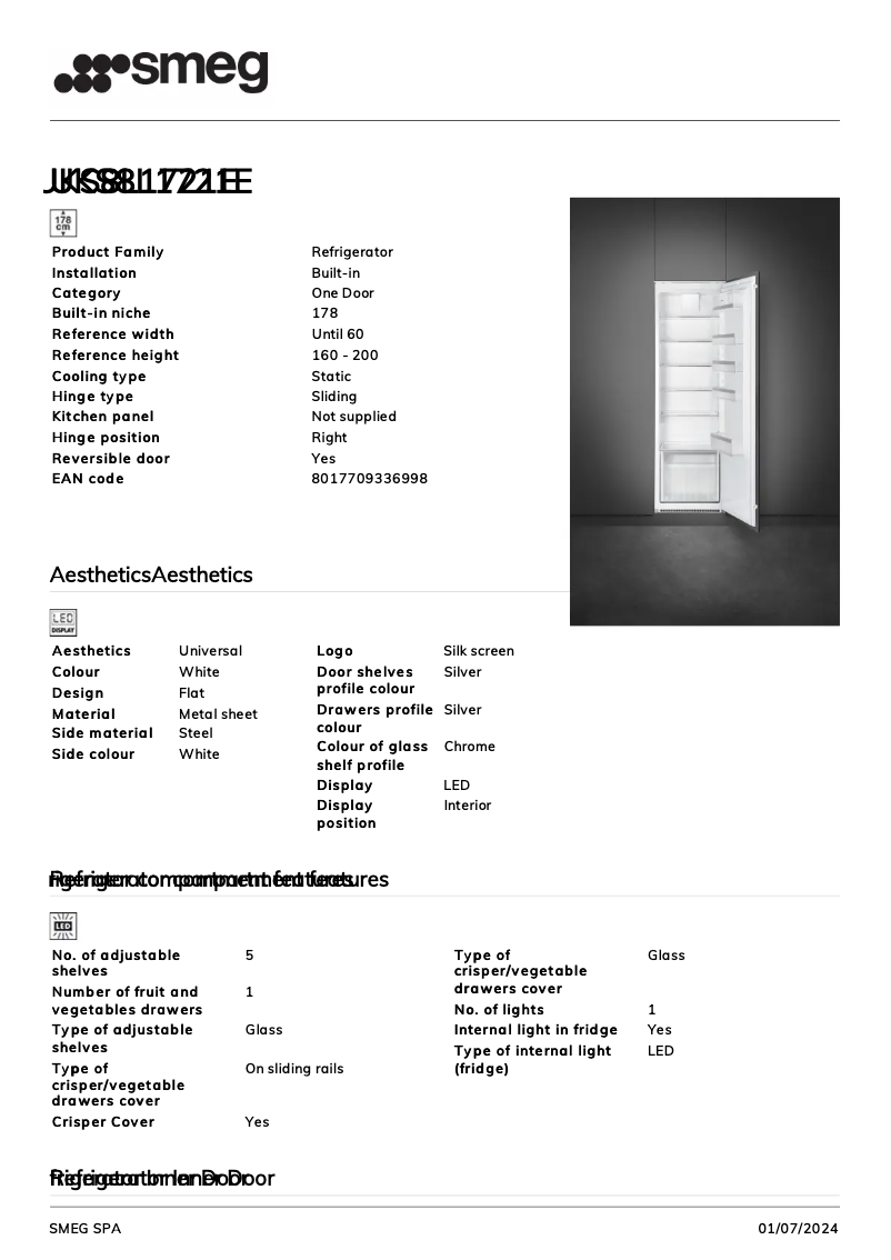 Page 1 de la notice Fiche technique Smeg UKS8L1721E