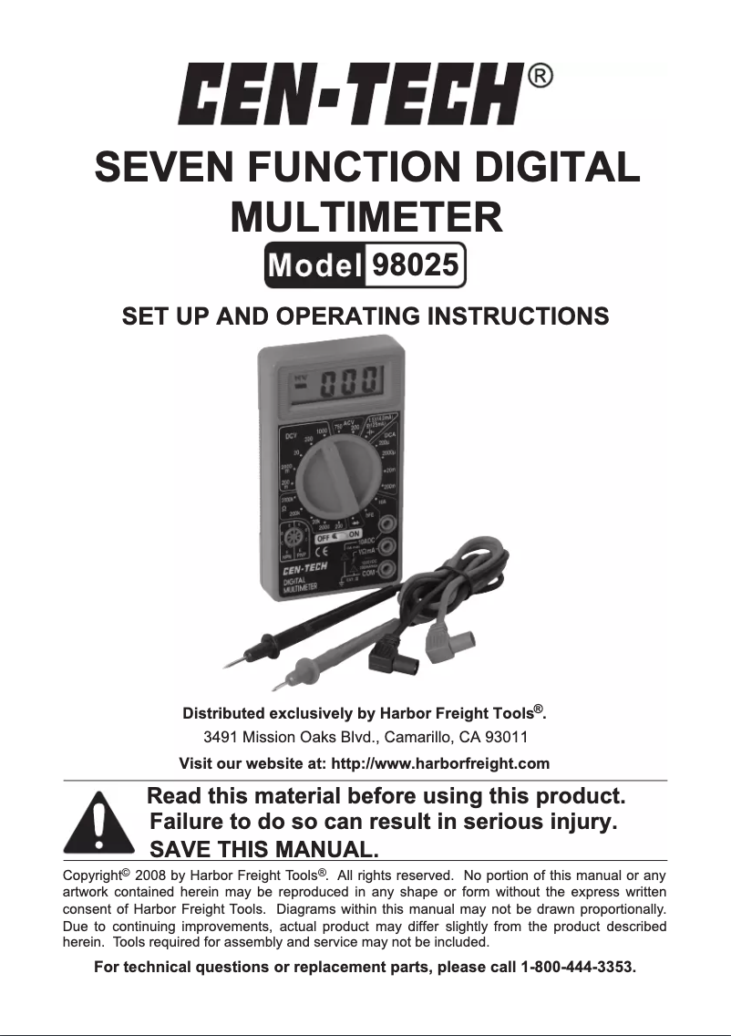 Page 1 de la notice Manuel utilisateur Cen-Tech 98025