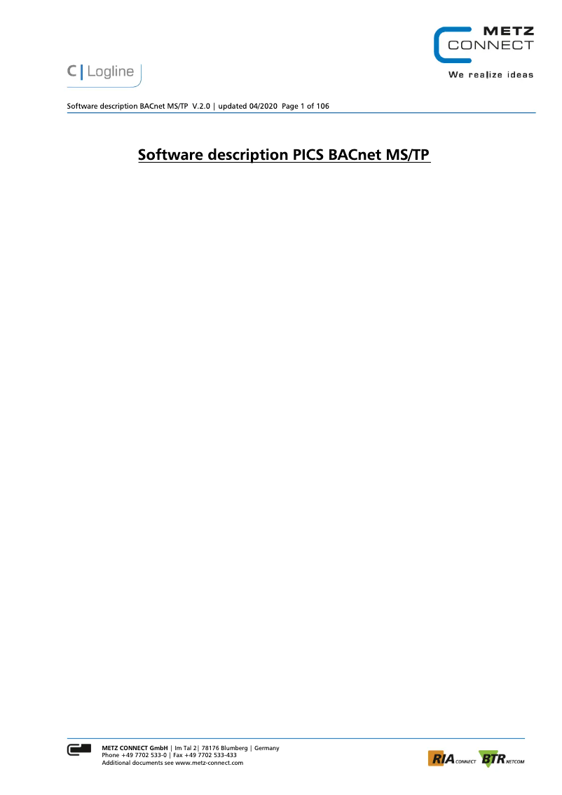 Image de la première page du manuel de l'appareil BMT-SI4 BACnet MS/TP