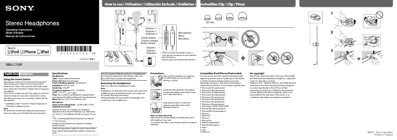 Page 1 de la notice Manuel utilisateur Sony XBA-C10iP