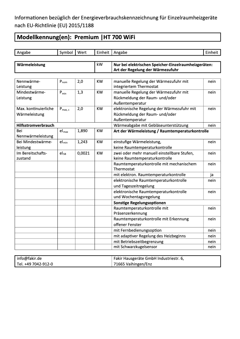 Page 1 de la notice Label énergétique Fakir Premium HT 700 WiFi