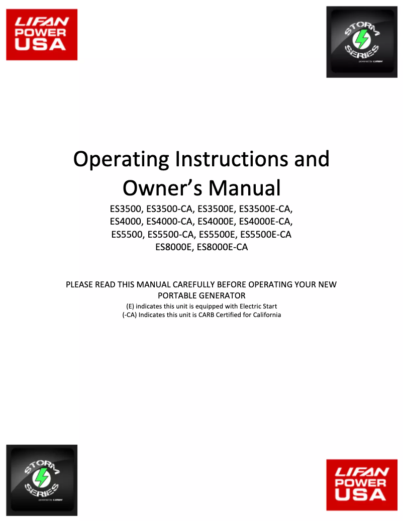 Page n°1 - Manuel utilisateur Lifan Storm 3500E