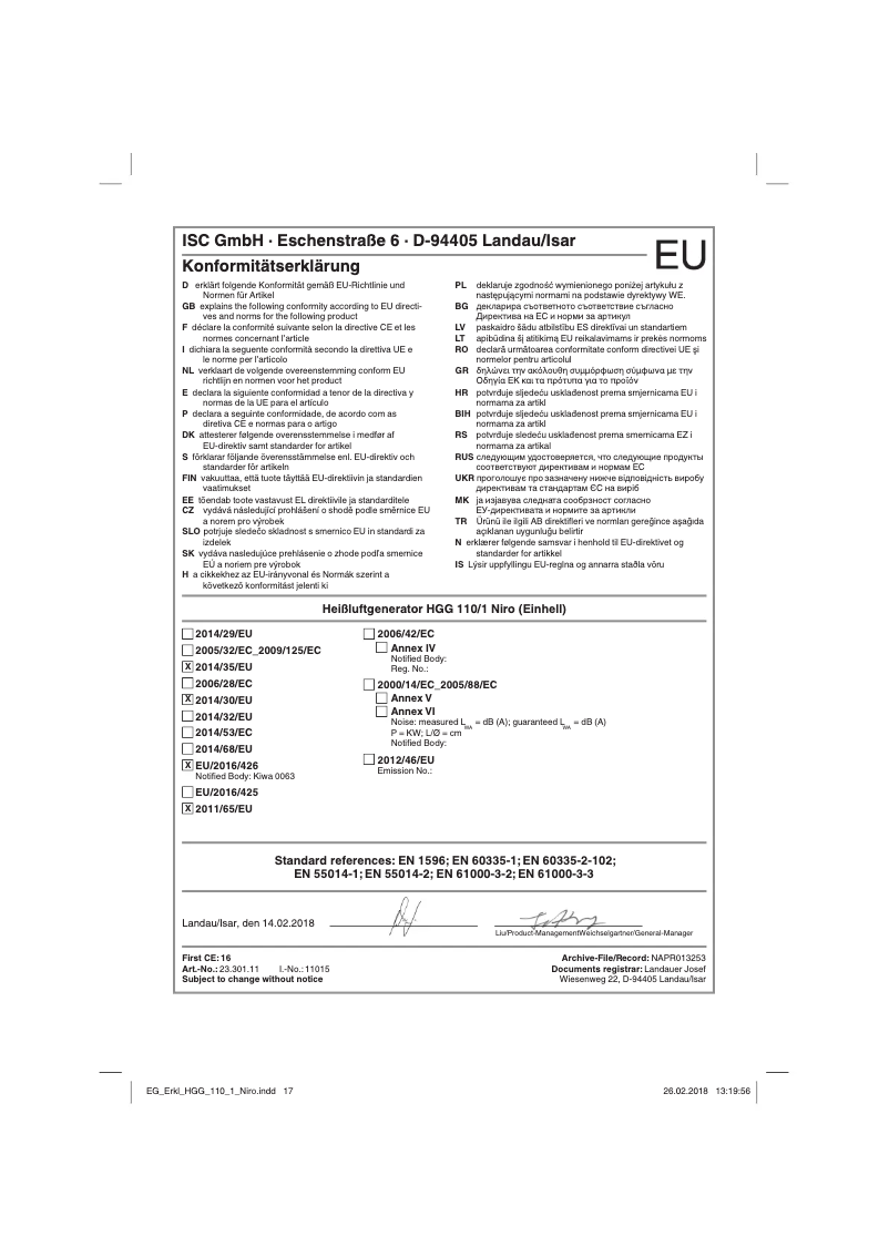 Page n°1 - Manuel utilisateur Einhell HGG 110/1 Niro