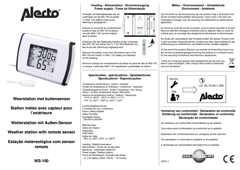 Page n°1 - Manuel utilisateur Alecto WS-100