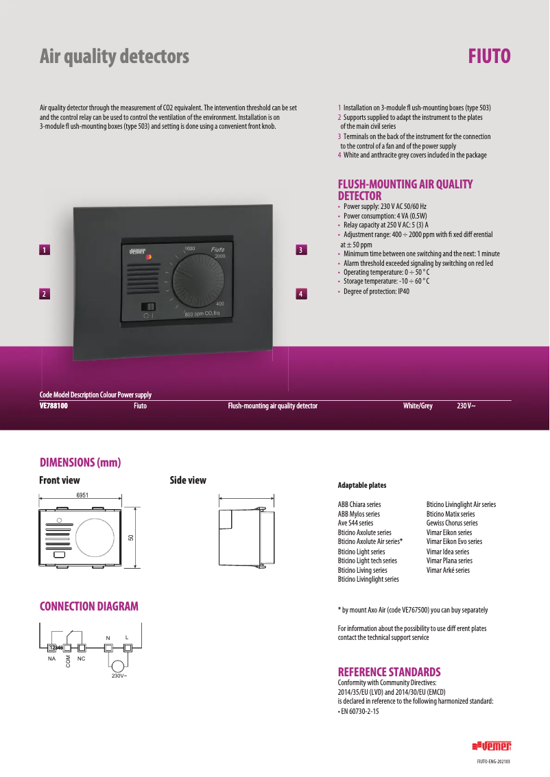 Page 1 de la notice Fiche technique Vemer Fiuto