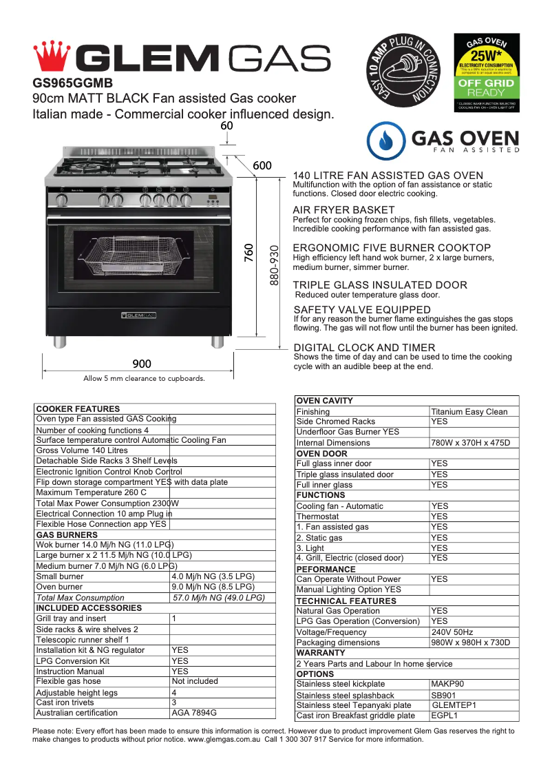 Page n°1 - Fiche technique Glem Gas GS965GGMB