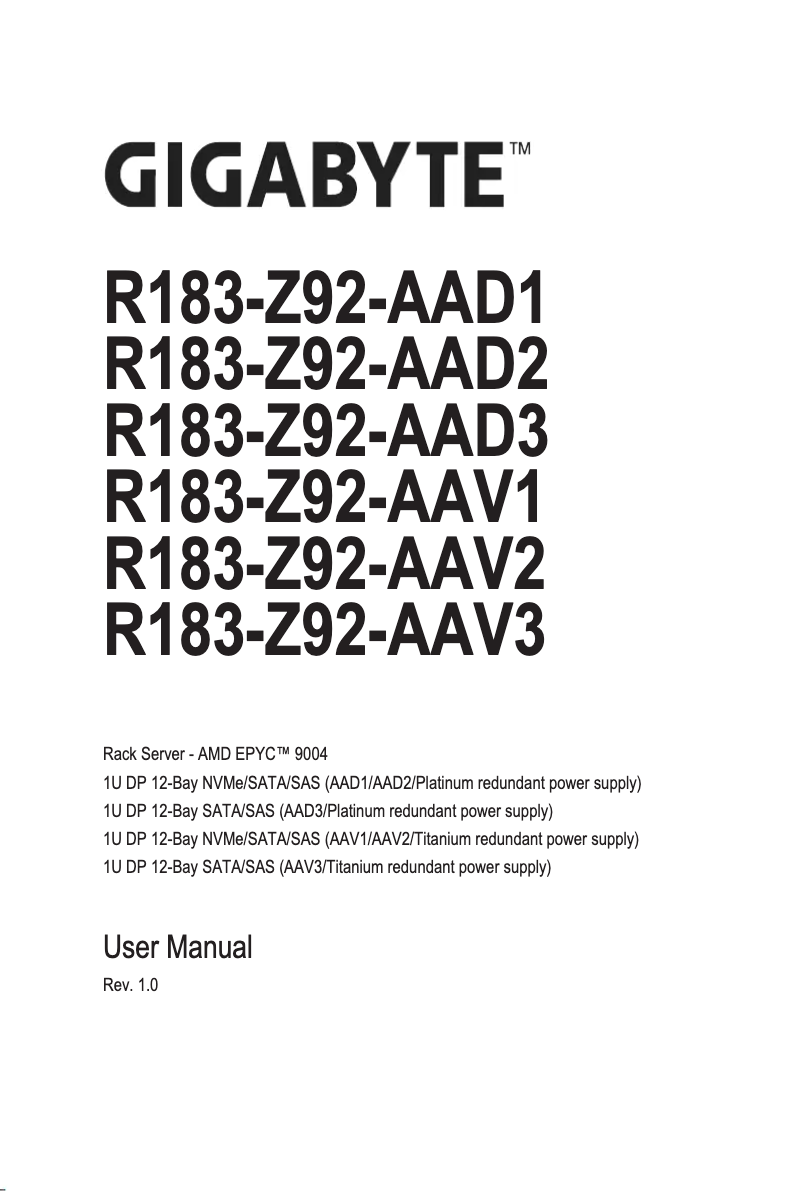 Page 1 of the manual User Manual Gigabyte R183-Z92