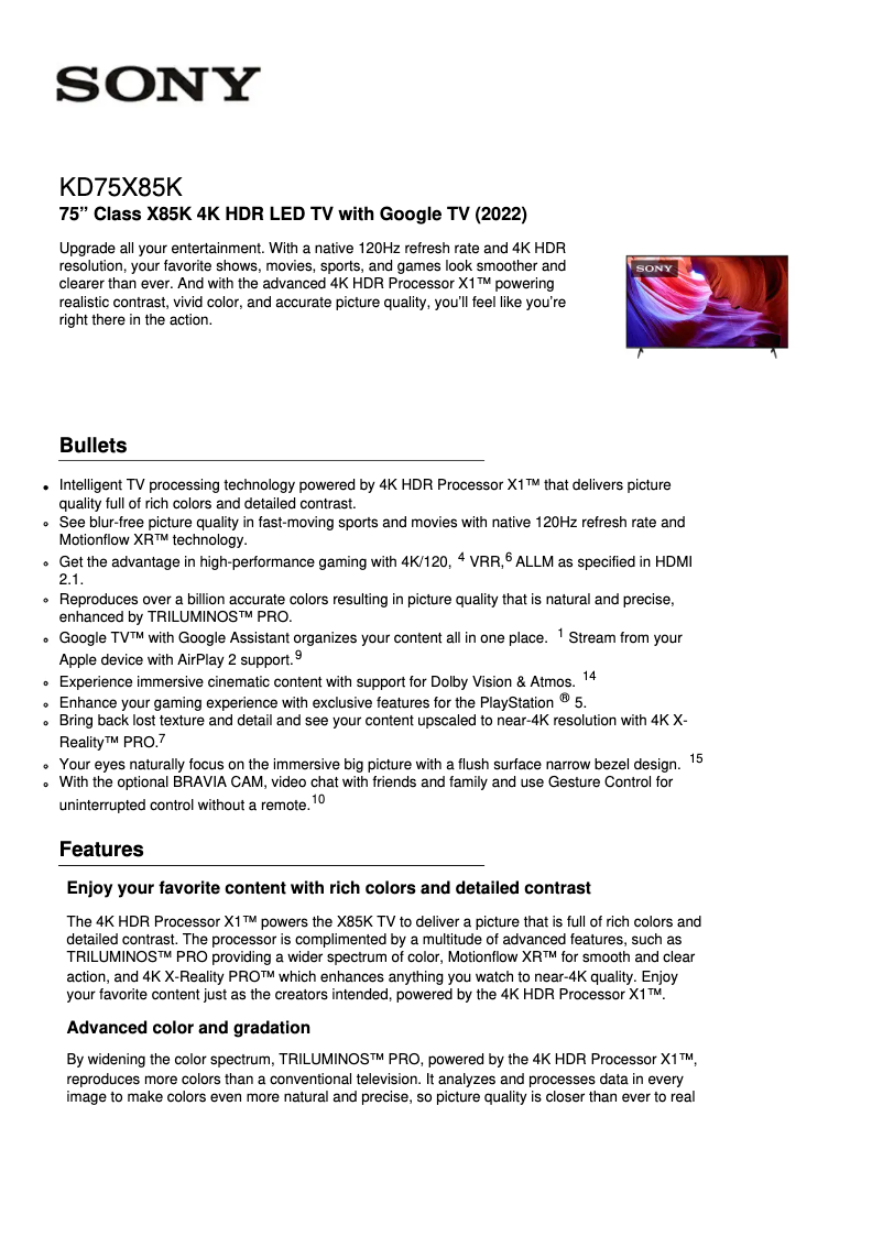 Page 1 de la notice Fiche technique Sony KD-75X85K