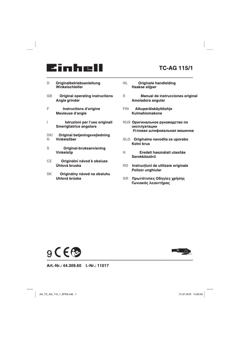 Page 1 de la notice Manuel utilisateur Einhell TC-AG 115/1