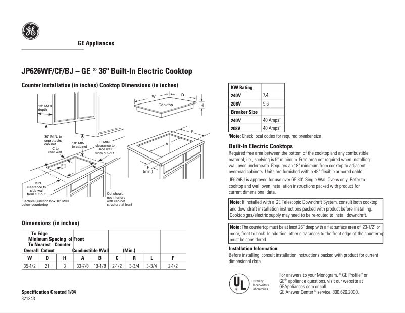 Page n°1 - Fiche technique GE JP626CFCC
