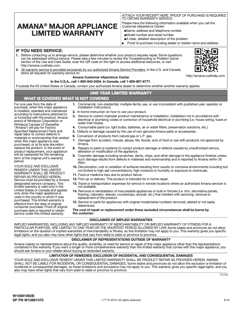Page n°1 - Informations de garantie Amana AER6303MFS