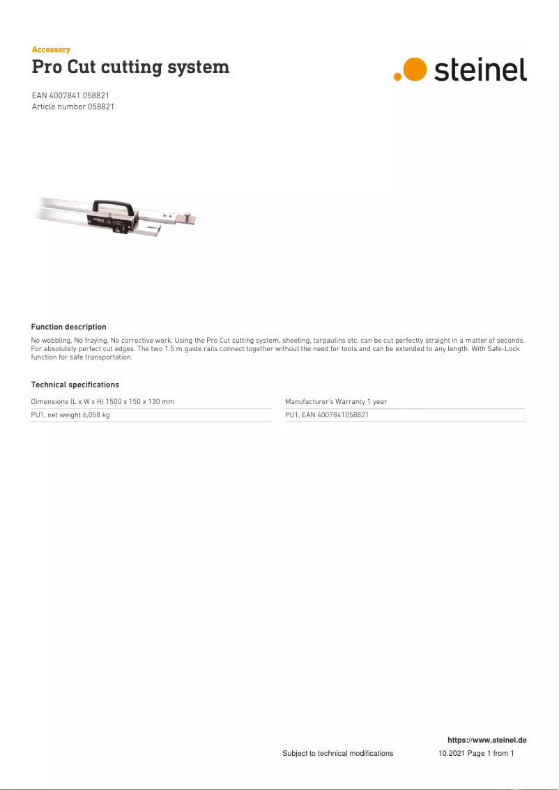 Page 1 de la notice Fiche technique Steinel Snijsysteem Pro Cut