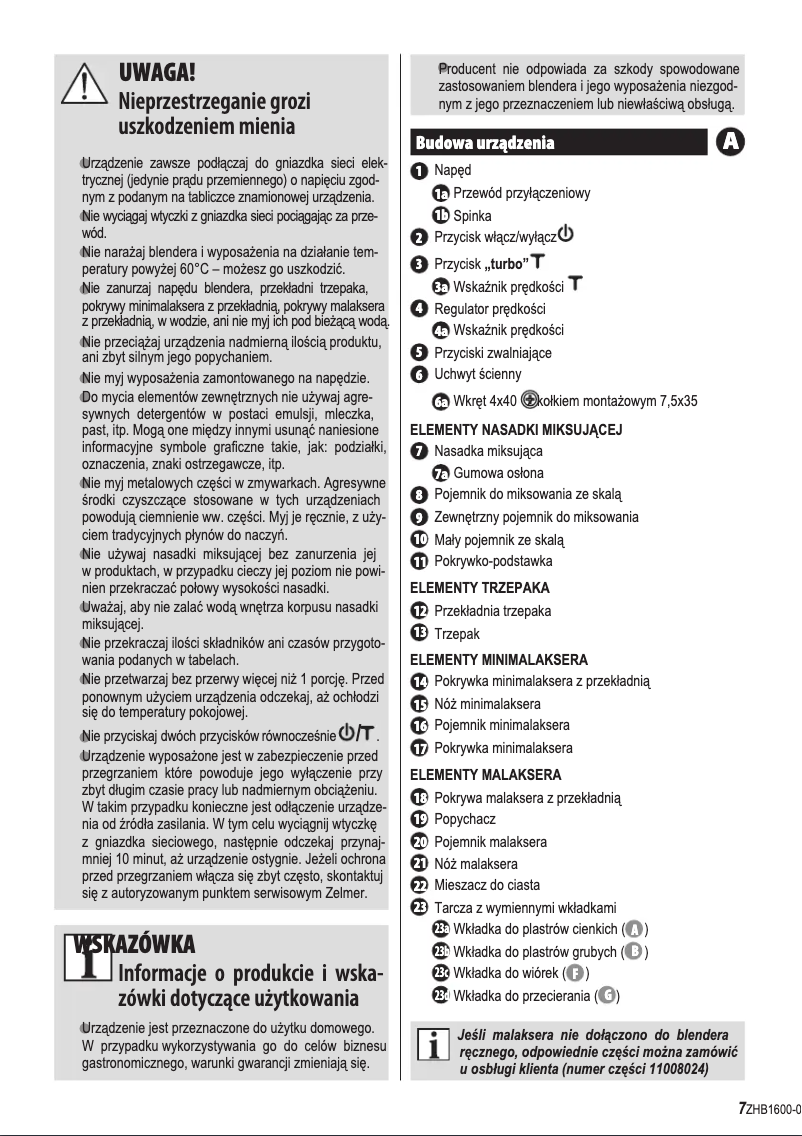 Page 1 de la notice Manuel utilisateur Zelmer ZHB 1620 B