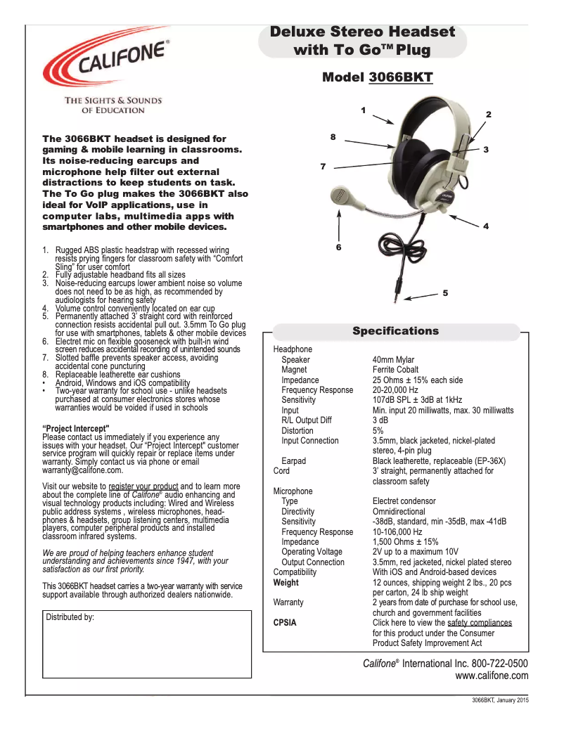 Page 1 de la notice Manuel utilisateur Califone 3066BKT