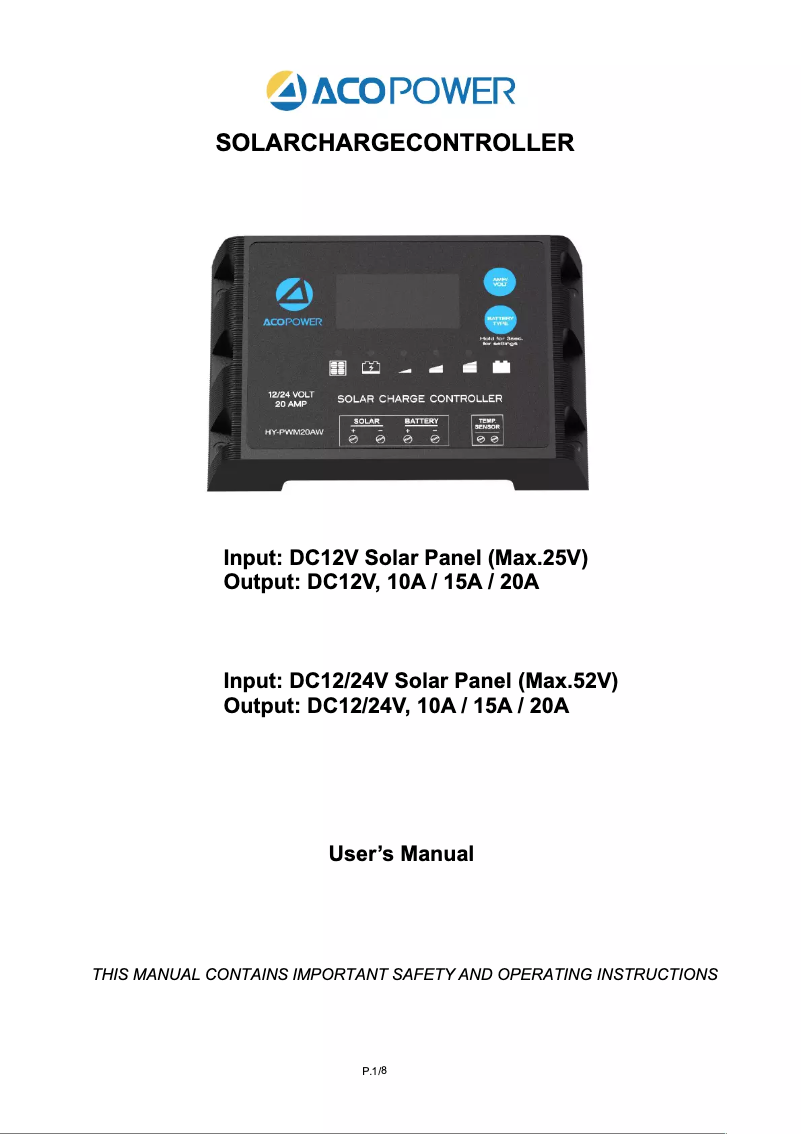 Page n°1 - Manuel utilisateur ACOPower HY-PWM-PX20A
