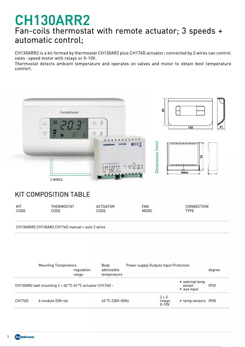 Page 1 de la notice Fiche technique Fantini Cosmi CH130ARR2