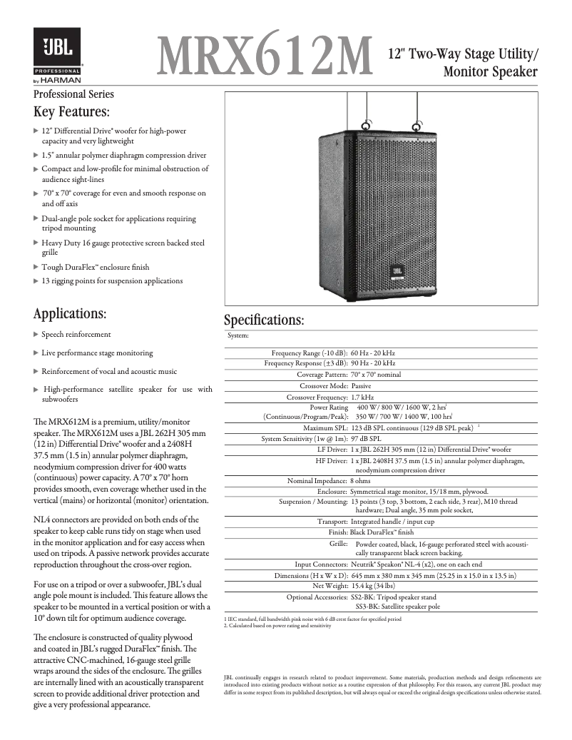 Page 1 de la notice Manuel utilisateur JBL MRX612M