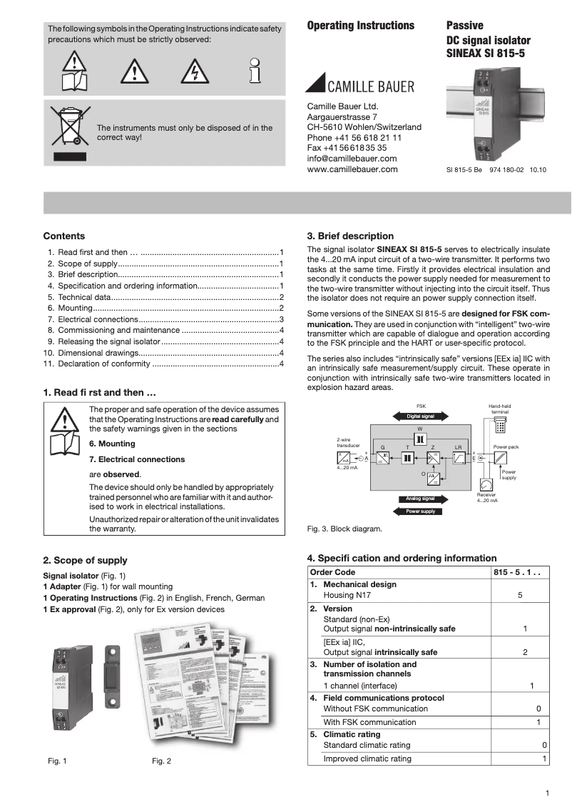 Page 1 de la notice Manuel utilisateur Camille Bauer Sineax Si815-5