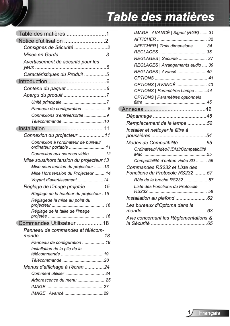 Page n°1 - Manuel utilisateur Optoma W312