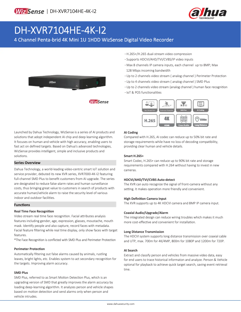 Page 1 de la notice Fiche technique Dahua Technology XVR7104HE-4K-I2