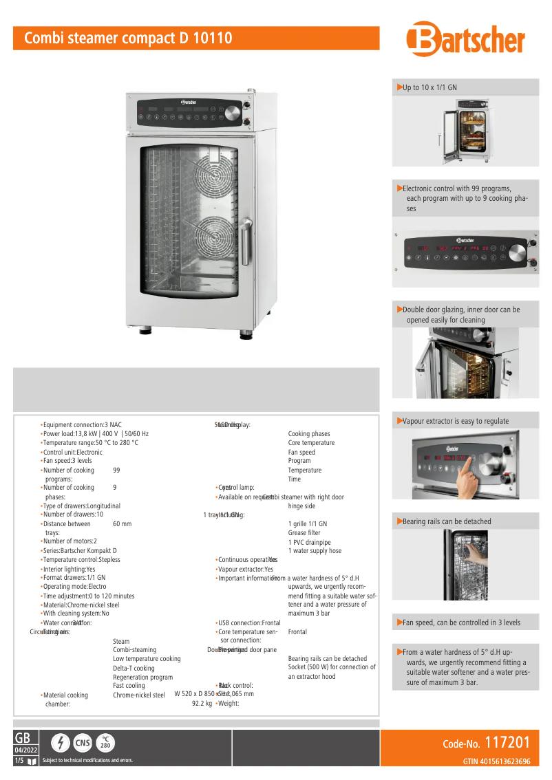 Page 1 de la notice Fiche technique Bartscher 117201