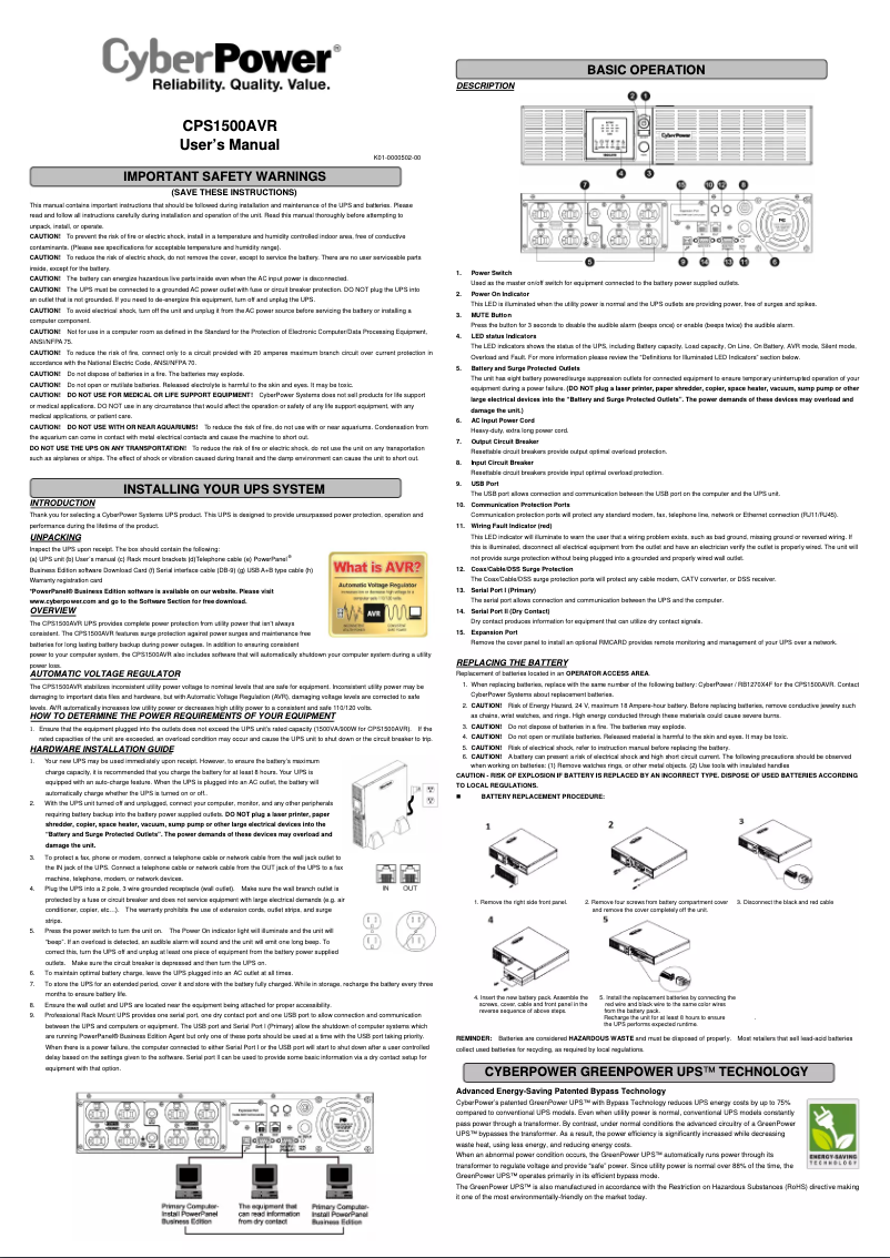Page n°1 - Manuel utilisateur CyberPower CPS1500AVR